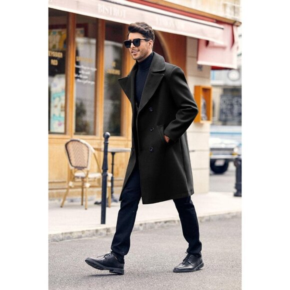 Men's Black Double-Breasted Trench Coat with Lapel Collar for Business & Winter - Picture 3 of 5